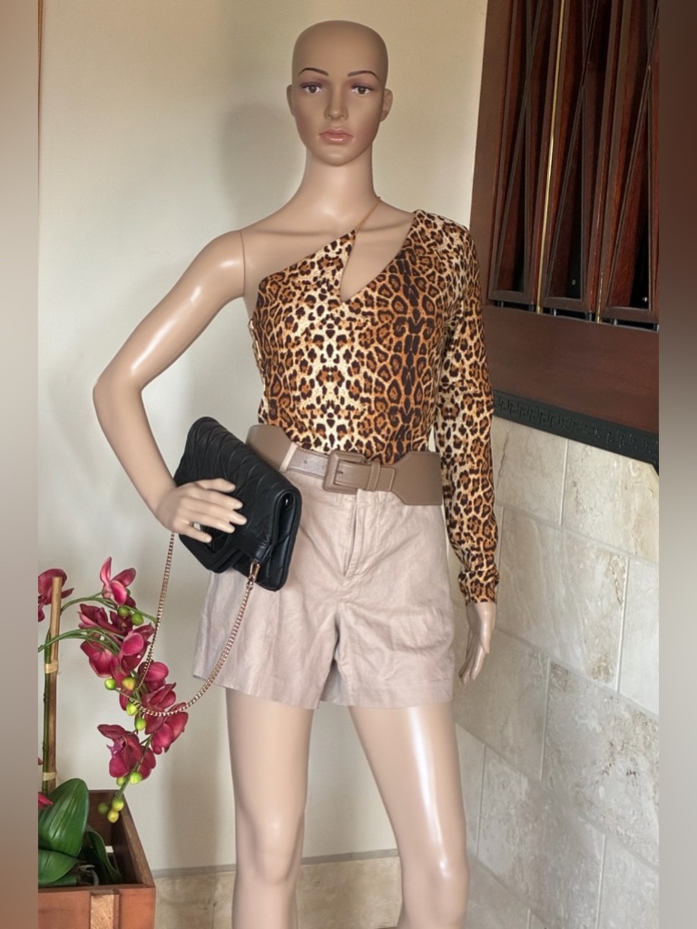 glam Leopard One-Shoulder Long Sleeve Top - Brown